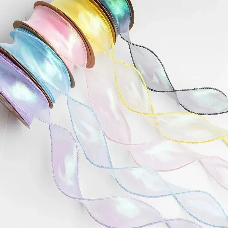 10Yards 4CM Luxury Iridescent Fishtail Yarn Ribbons Flowers Bouquet Packaging Organza Ribbon Gift Christmas Wedding Decorations