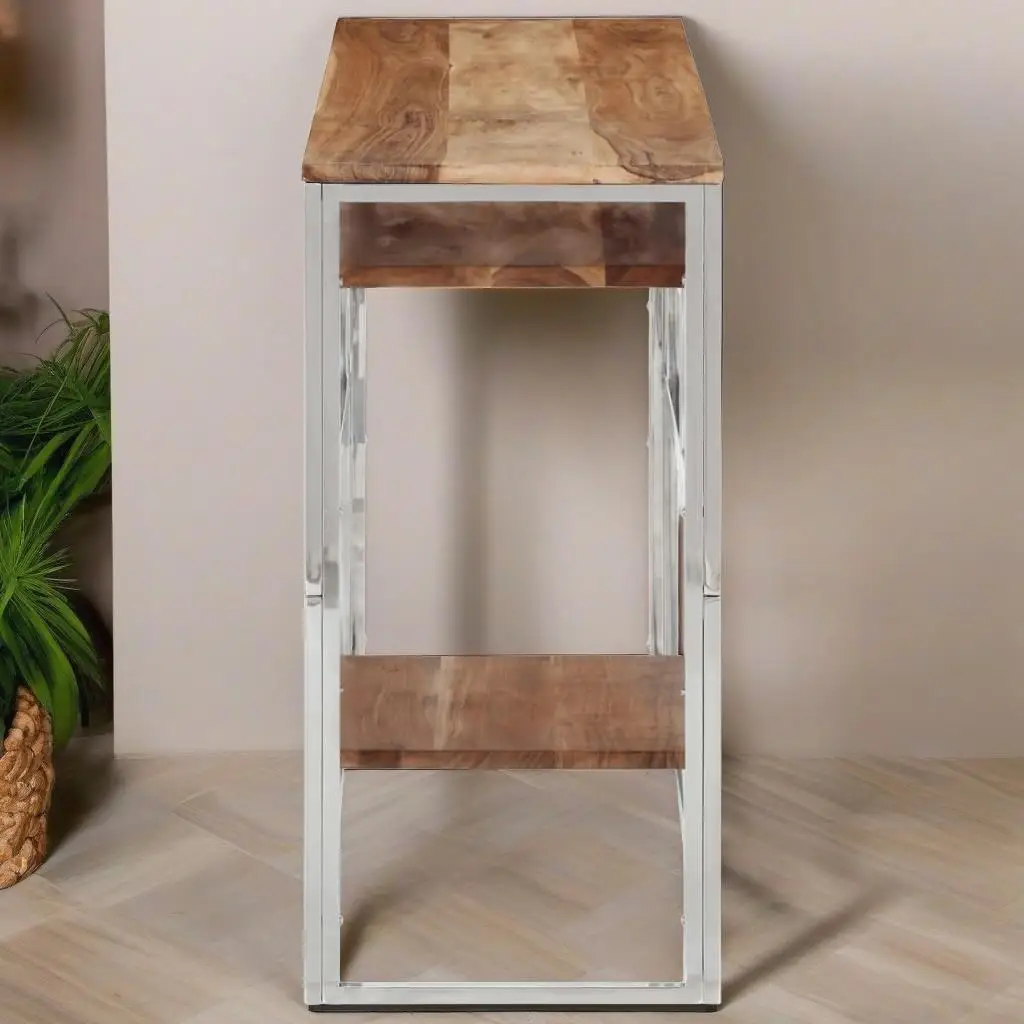 Modern Silver Stainless Steel Console Table with Solid Acacia Wood Top - Stylish Entryway Furniture