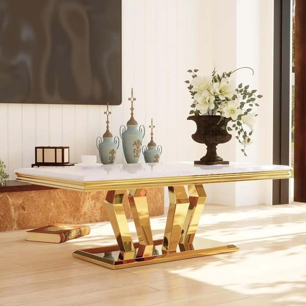 

48 High-Gloss Wooden Coffee Table with Polished Stainless Steel Base, Ideal for Luxury Living Spaces