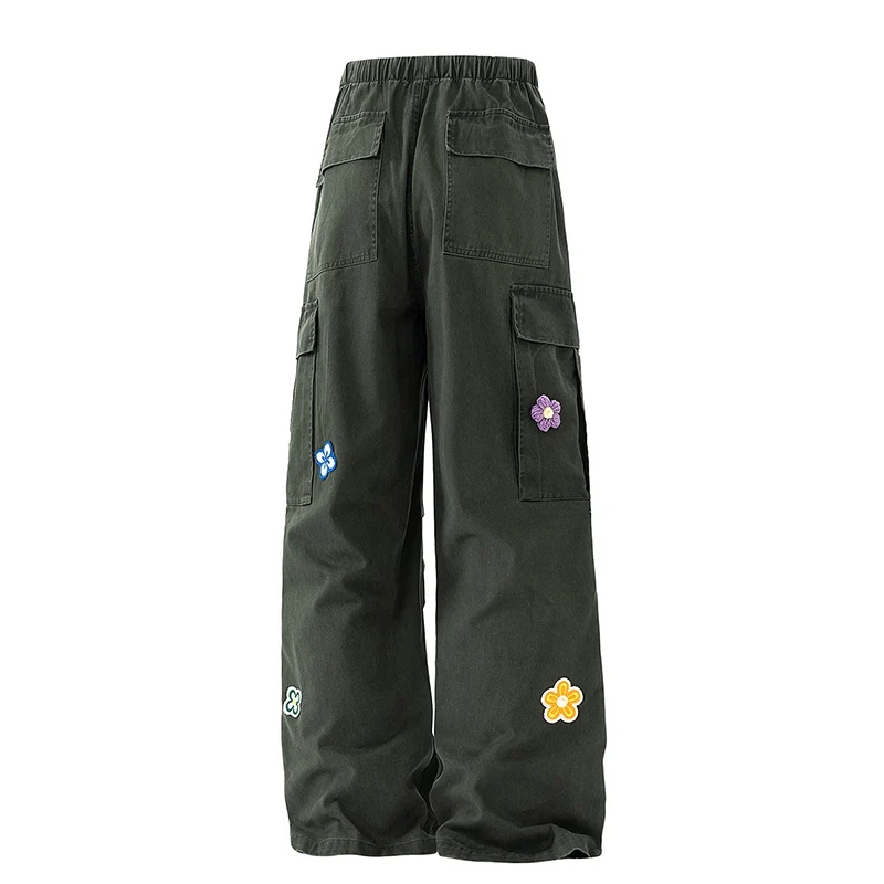 Calças de trabalho tridimensionais com pequenas flores bordadas lavadas para casais, calças de emagrecimento e versáteis de algodão puro com pernas retas