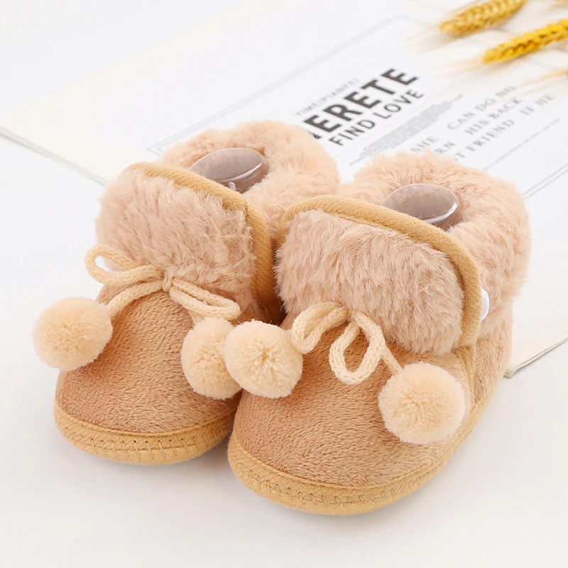 Infant Toddler Baby\'s Winter Snow Boots Plush Bobble Decorated Boots Warm Baby First Walker Children\'s Shoes