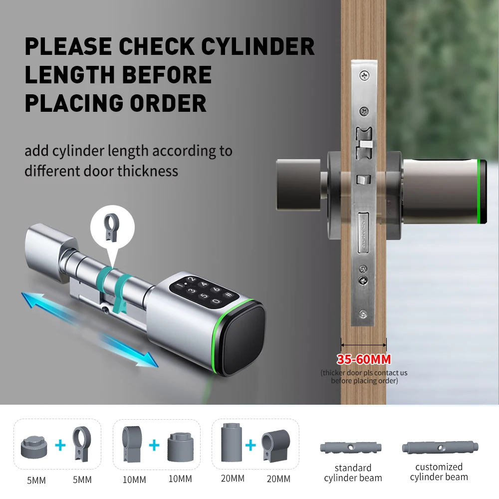 Cerradura de cilindro inteligente Tuya, 60/70mm, eléctrica, Bluetooth, APP remota, biométrica, huella dactilar, seguridad antirrobo, mortaja para