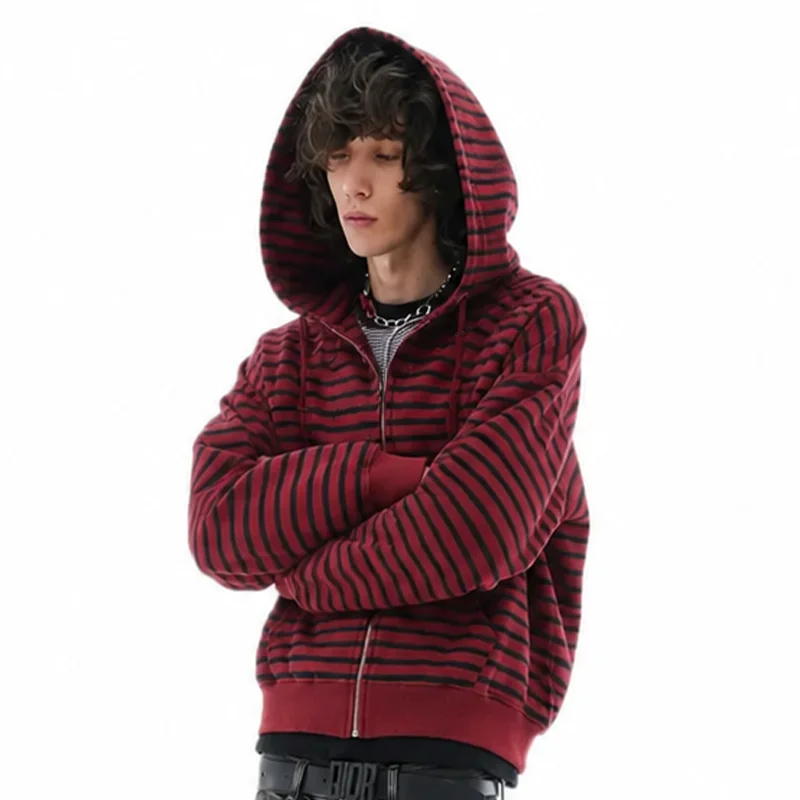 Immagine 7: Felpa con cappuccio a righe rosse e nere, stile vintage, con zip intera, da donna e da uomo, estetica Y2K, giacca corta e ampia con cappuccio, streetwear, felpa a maniche lunghe.