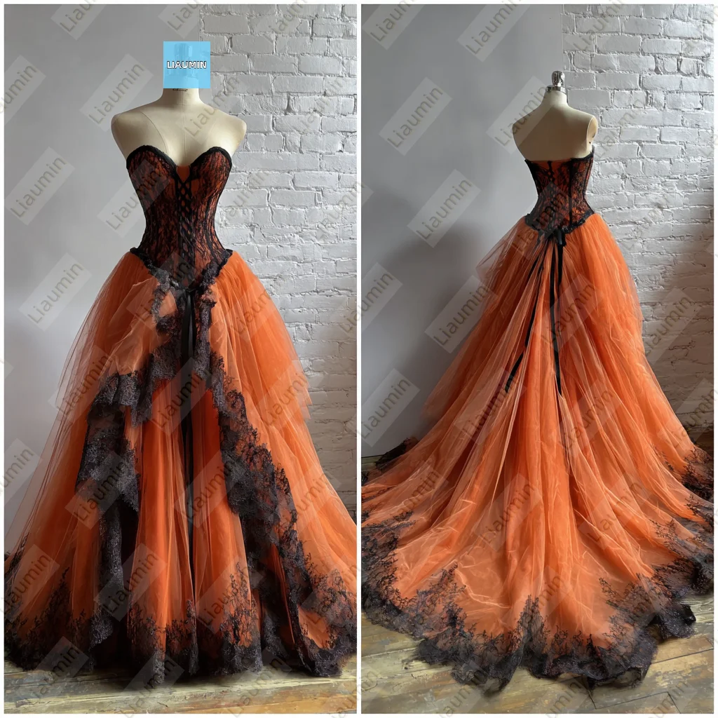 

Orange Tulle Sweetheart Neck Black Lace Applique With Train Evening Prom Wedding Formal Dress Lace-Up Back Customized A7-1.19