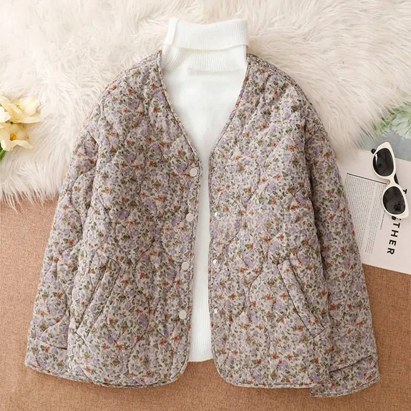 Jaet de algodón floral Thiened para mujer Otoño Invierno nuevo Sle Faionable todo fósforo ropa de abrigo suelta para mujer