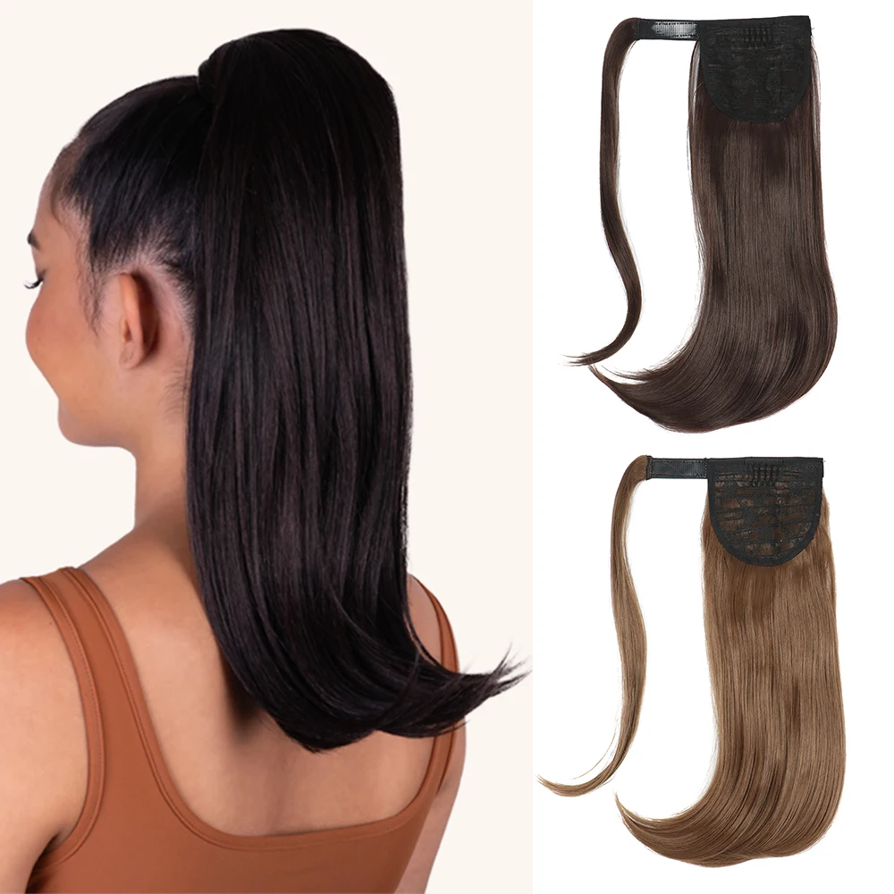 Synthetic Short Straight Wrap Around Clip In Ponytail Hair Extension Heat Resistant Ponytail Hair Extension Black