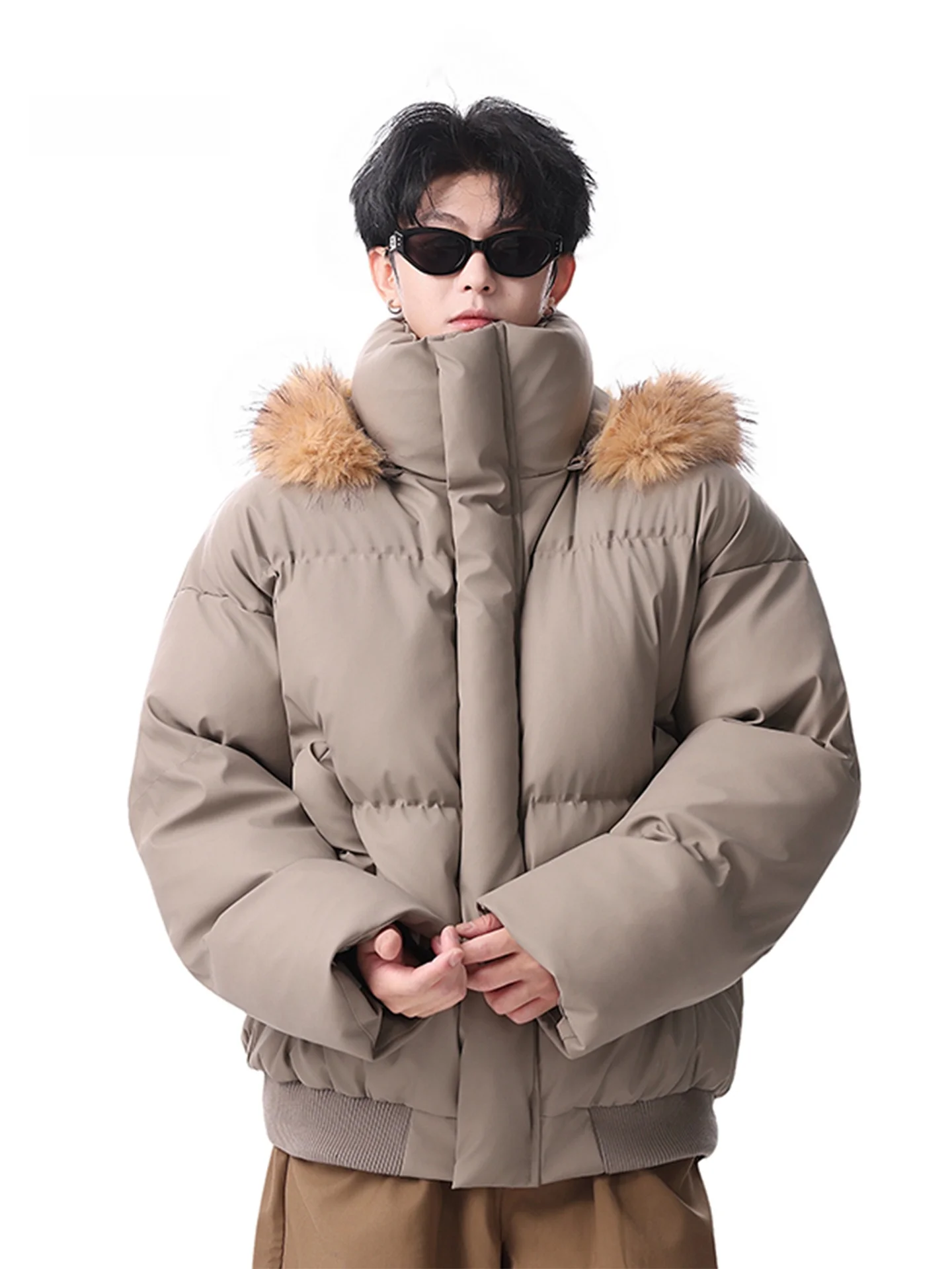 

Detachable Fur Collar Hooded PU Leather Cotton Jaet Men's Winter Thiened American Casual Warm Coat Trendy Outerwear