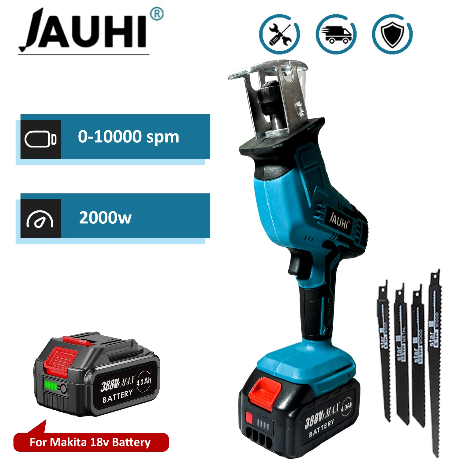 JAUHI 2000W Cordless Electric Chain saw Adjustable Speed Metal Wood Cutting Electric Reciprocating Saw For Makita 18V Battery