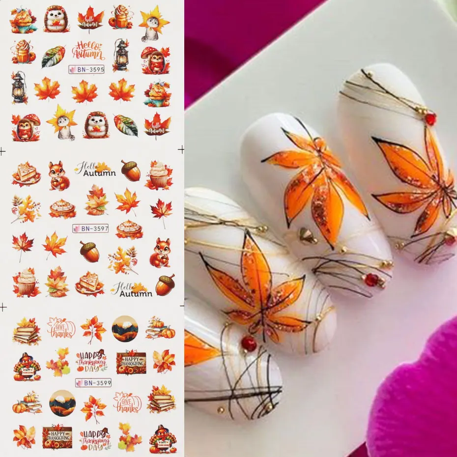 1pc Kawaii Maple Leaf Nail Water Sticker Cartoon Pumpkin Fox Squirrel Owl Nail Transfer Slider Autumn Watercolor Nail Supplies