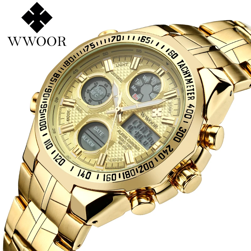 WWOOR New Luxury Watch Mens Original Quartz Wrist Watch For Men Stainless Steel Waterproof Dual Display Sports Relogio Masculino