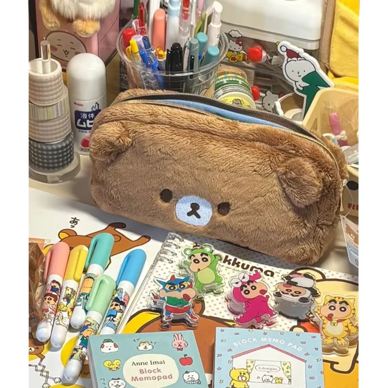 Rilakkuma Plush Pencil Case Cute Embroidered Little Bear Plush Ears Makeup Bag Fashion Big-Capacity Pencil Bag Plush Pen Pouch