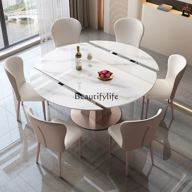 Light luxury rock slab dining table variable round table modern simple household small retractable folding dining table