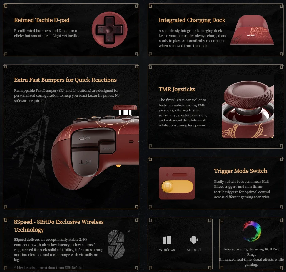 وحدة تحكم لاسلكية 8BitDo Ultimate 2 WUCHANG: ريش ساقط لنظام التشغيل Windows وAndroid، مع عصا التحكم TMR، لوحة ألعاب بتقنية 8 سرعات