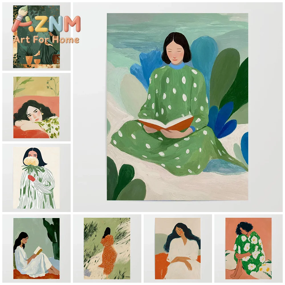 Bohemian Green Plants And Elegant Women's Art Posters For Home Comfort And Leisure Canvas Print Living Room Bedroom Wall Deco