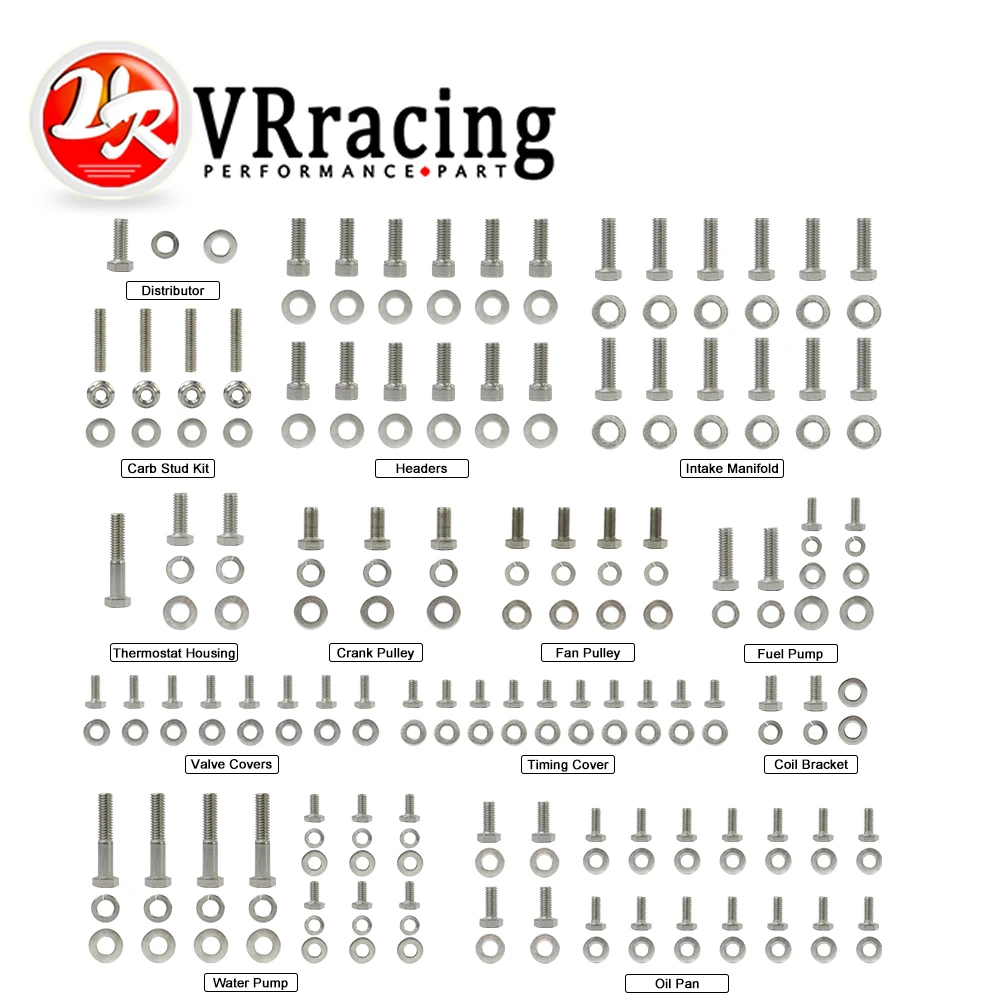 

VR - Small Stainless Block For Chevy SBC 265 283 302 305 307 327 350 400 Engine HEX Bolt Kit 211Pcs Nuts & Bolts VR-EMK01