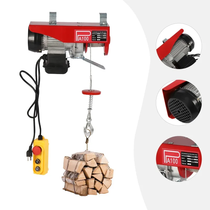 Lift 110V electric hoist, 220lbs electric winch with remote control and single/double sling, used for factory lifting