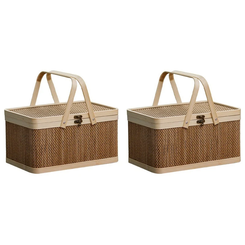 

2X Bamboo Basket Natural -Friendly Woven Basket Bamboo Picnic Basket With Lid Handheld Snacks Bread Storage Basket