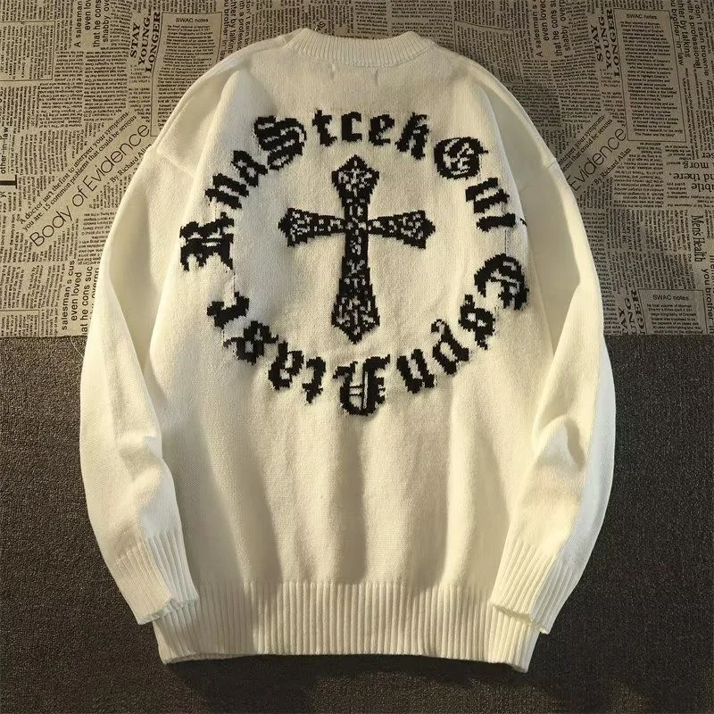 American Retro Punk Pullover Couple Cross O-Neck Sweater Men Autumn Winter Unisex Gothic Oversize High Street Knit Coat