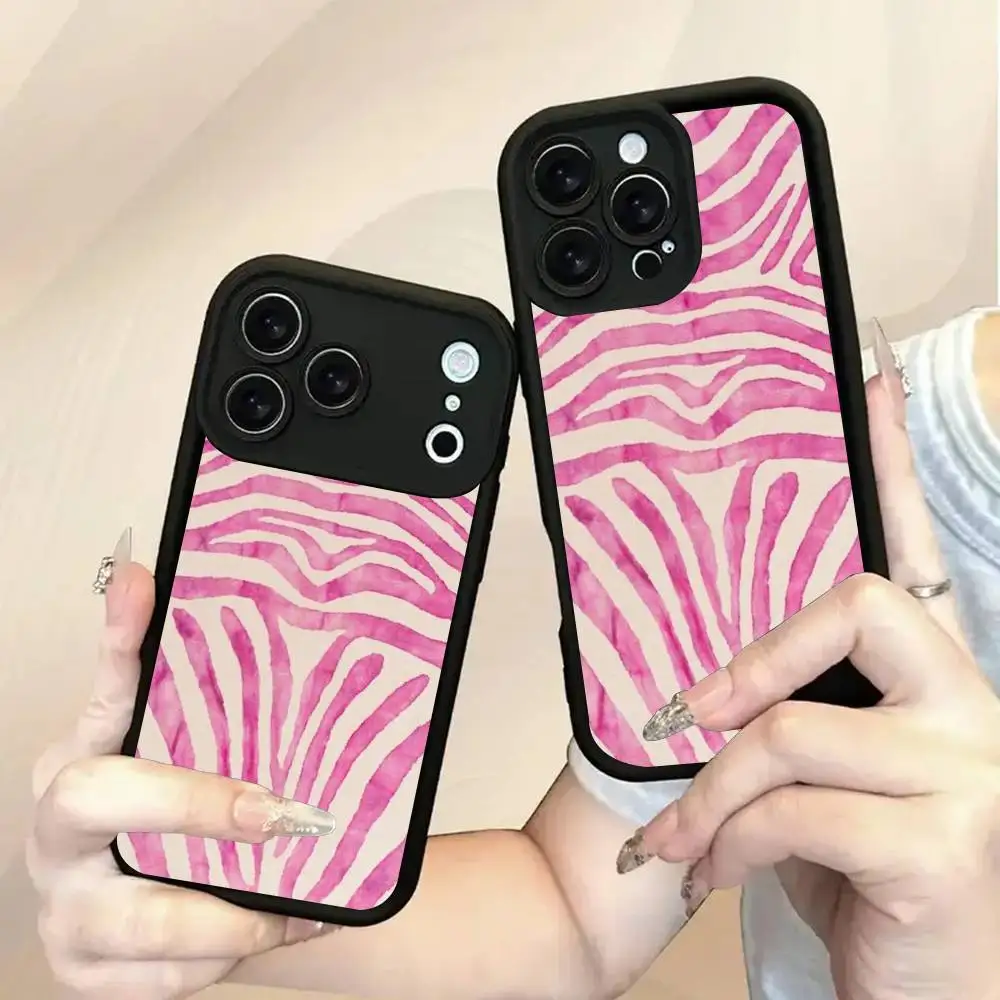 1pc Pink Animal Print Phone Case TPU Cute Eye Ladder For IPhone 17 16 15 14 13 Air Pro Max 11 12 Plus Black Silicone Cover