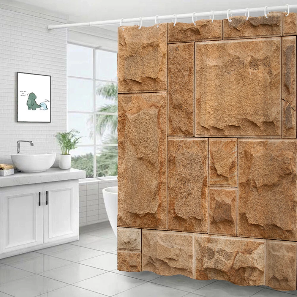 Rustic Shower Curtain, Vintage Stone Brick Wall Distressed Rustic Design Fabric Bathroom Curtain Home Decor Curtain with Hooks