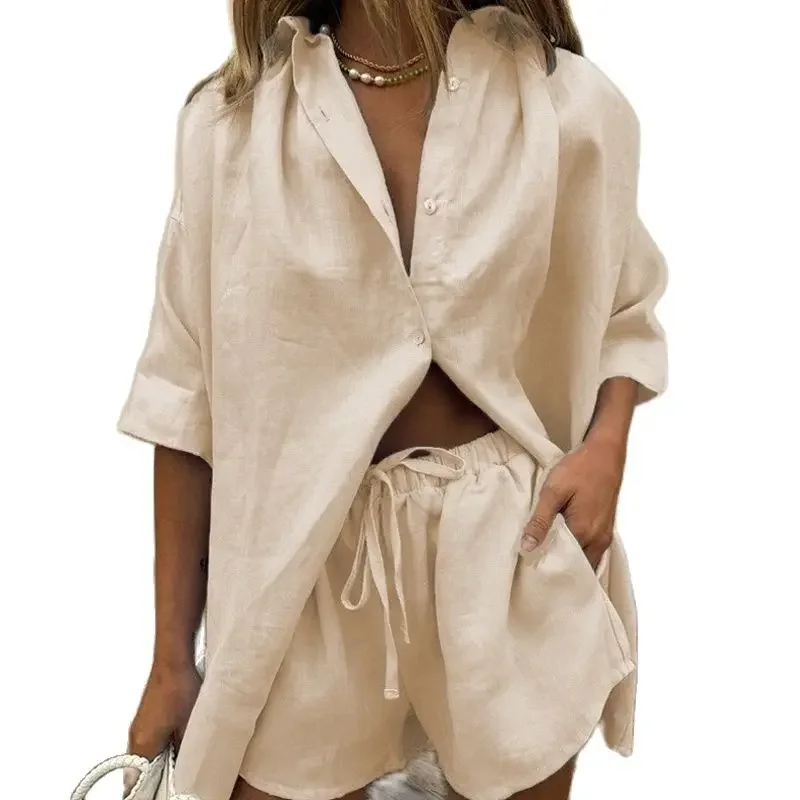 Pop moda sólida camisa casa ternos casual manga curta topos + shorts com cordão conjunto de duas peças 2024 verão feminino botão solto para fora