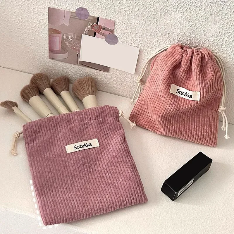 Women Girl Jewelry Lipstick Cosmetic Tote Rope Pouch String Bag Corduroy Small Coin Purse Key Earphone Drawstring Storage Bag