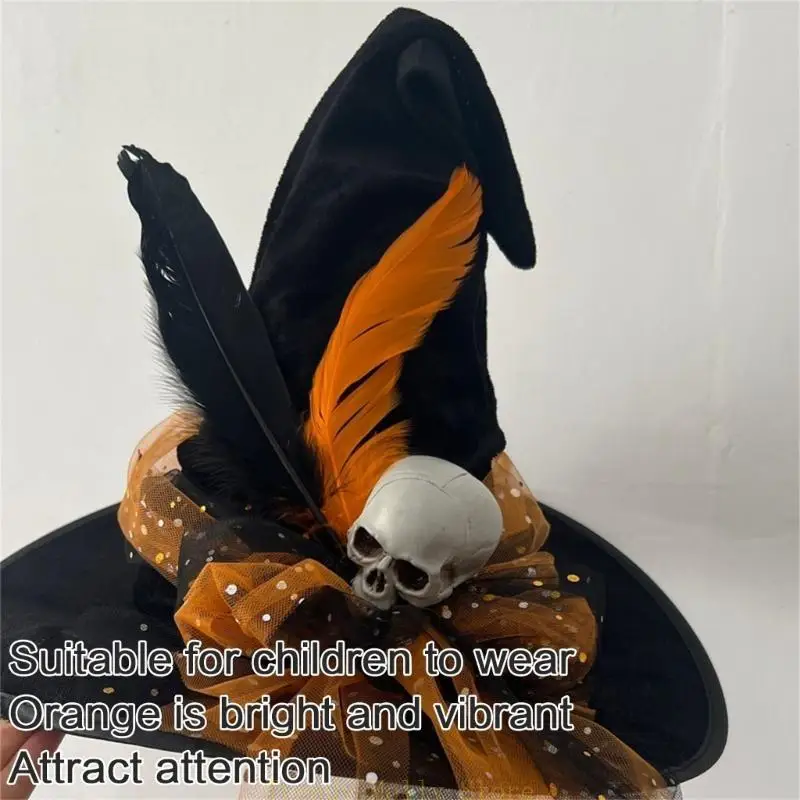 N5KB Halloween -hoed met sluier tulle cosplay kostuum pailletten schedelwizard heksen hoed