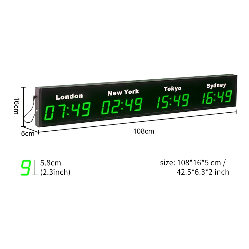 CHEETIE CP034 Reloj de pared LED estilo mundial con zona horaria de barra digital grande para hotel de oficina de aeropuerto