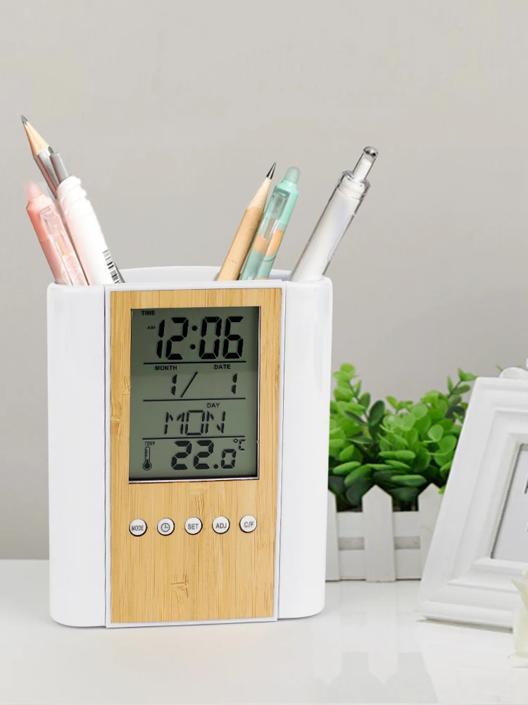 Bamboo sheet eco-friendly decorative panel, date alarm clock time display pen holder
