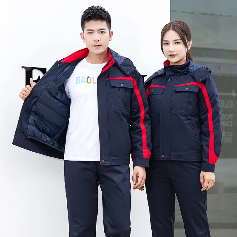 冬の作業服綿パッド入り暖かい厚いメンズフード付き労働者スーツジャケットコントラストカラーワークコートワークショップサーマルオーバーコート