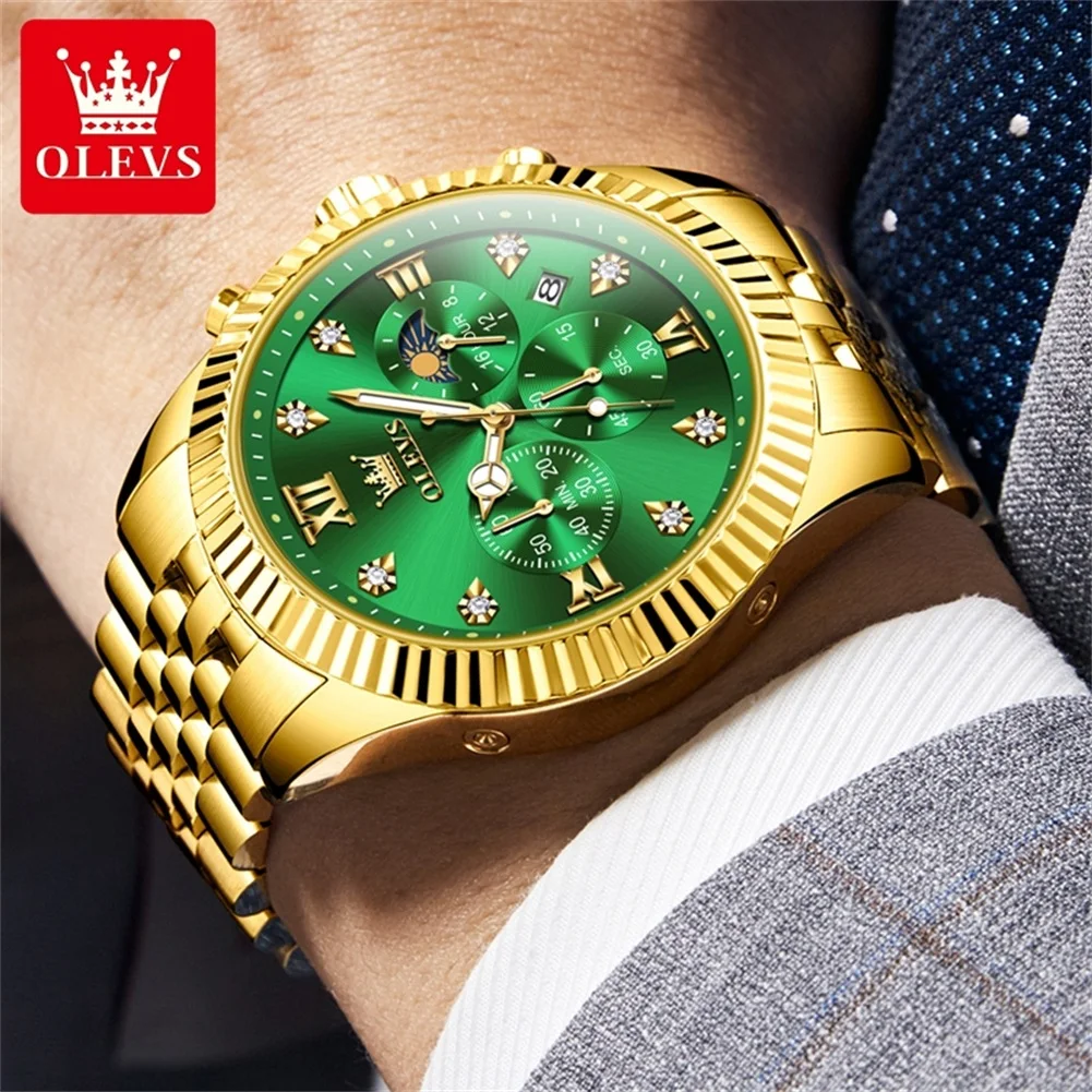 OLEVS-Relógios de quartzo de luxo masculino, réplica original high-end, Golden Stainless Steel Chronograph, Moon Phase, Waterproof Man Watch