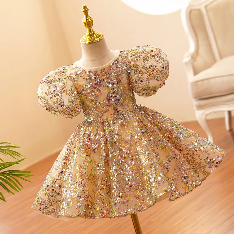 Child Girls Evening Dresses Champagne Gold Luxury 2023 Birthday Party Gown Sequin Pageant Formal Dress Teen Wedding Prom Frock