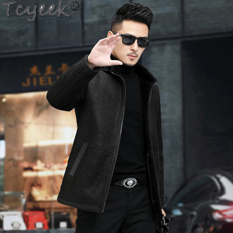 Tcyeek Natural Fur Jackets Winter Jacket for Men Thickened Genuine Leather Jacket Men Fashion Real Sheepskin Fur Coat Male Black