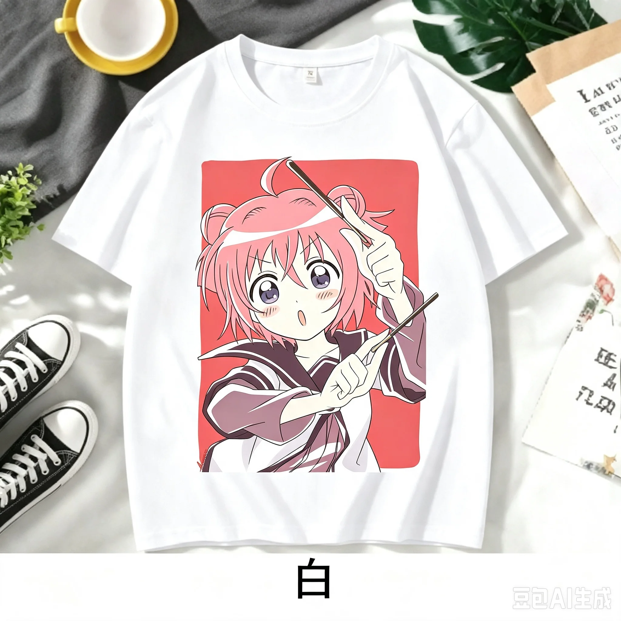 Camiseta unisex casual de manga corta con cuello redondo, estampada con Akaza Akari de Yuru Yuri, para mujeres y hombres.
