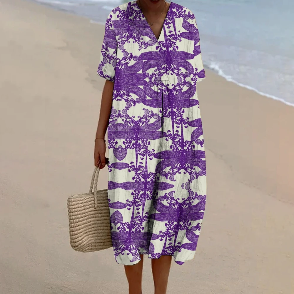 

Women's Casual V-Neck Longuette Purple Dragonfly Print Long Skirt Half Sleeves Dresses Oversize Summer Resort Frocks