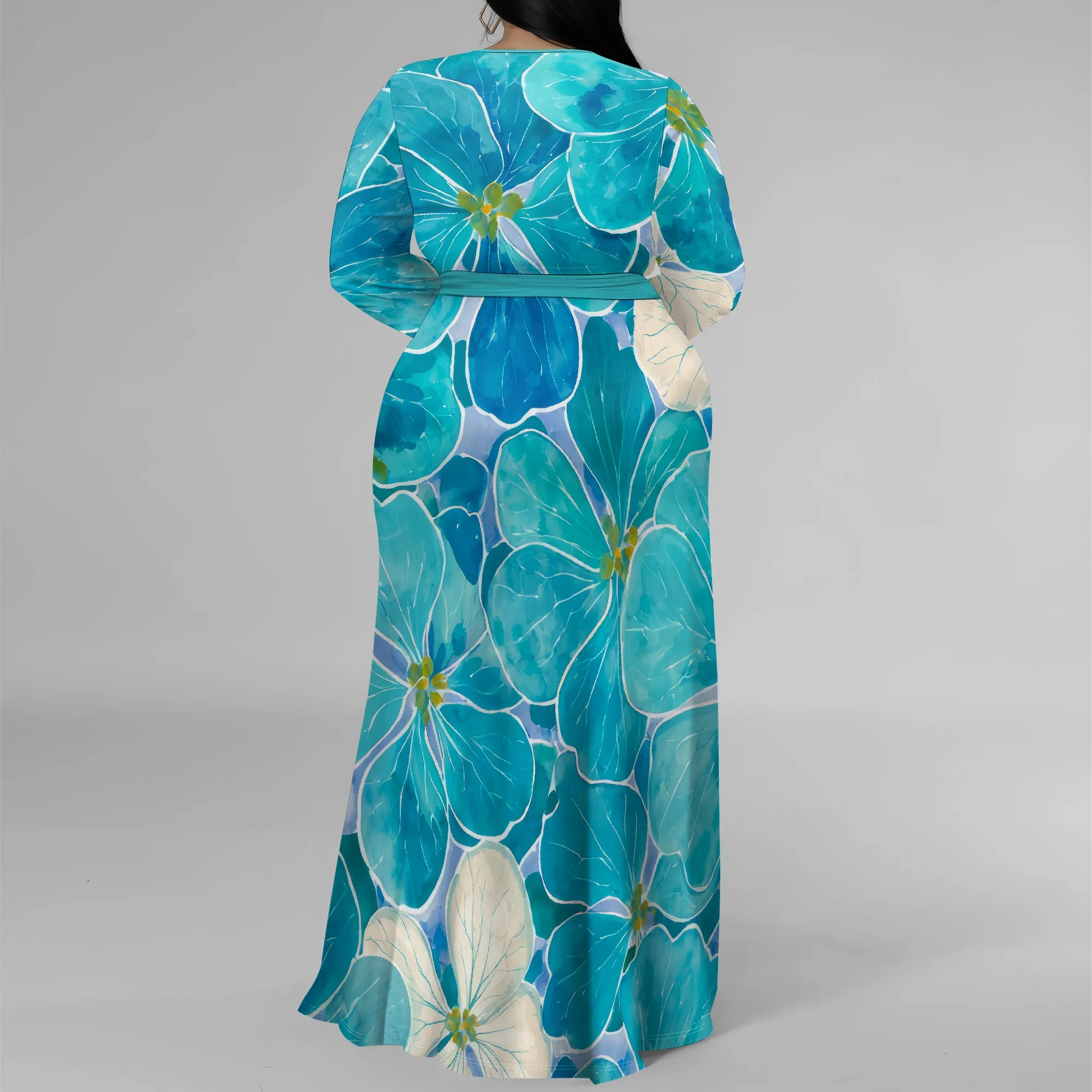 Nupusa Blue Floral Print Dress for Women Plus Size Casual V Neck Long Sleeve Belted Split Maxi Dress