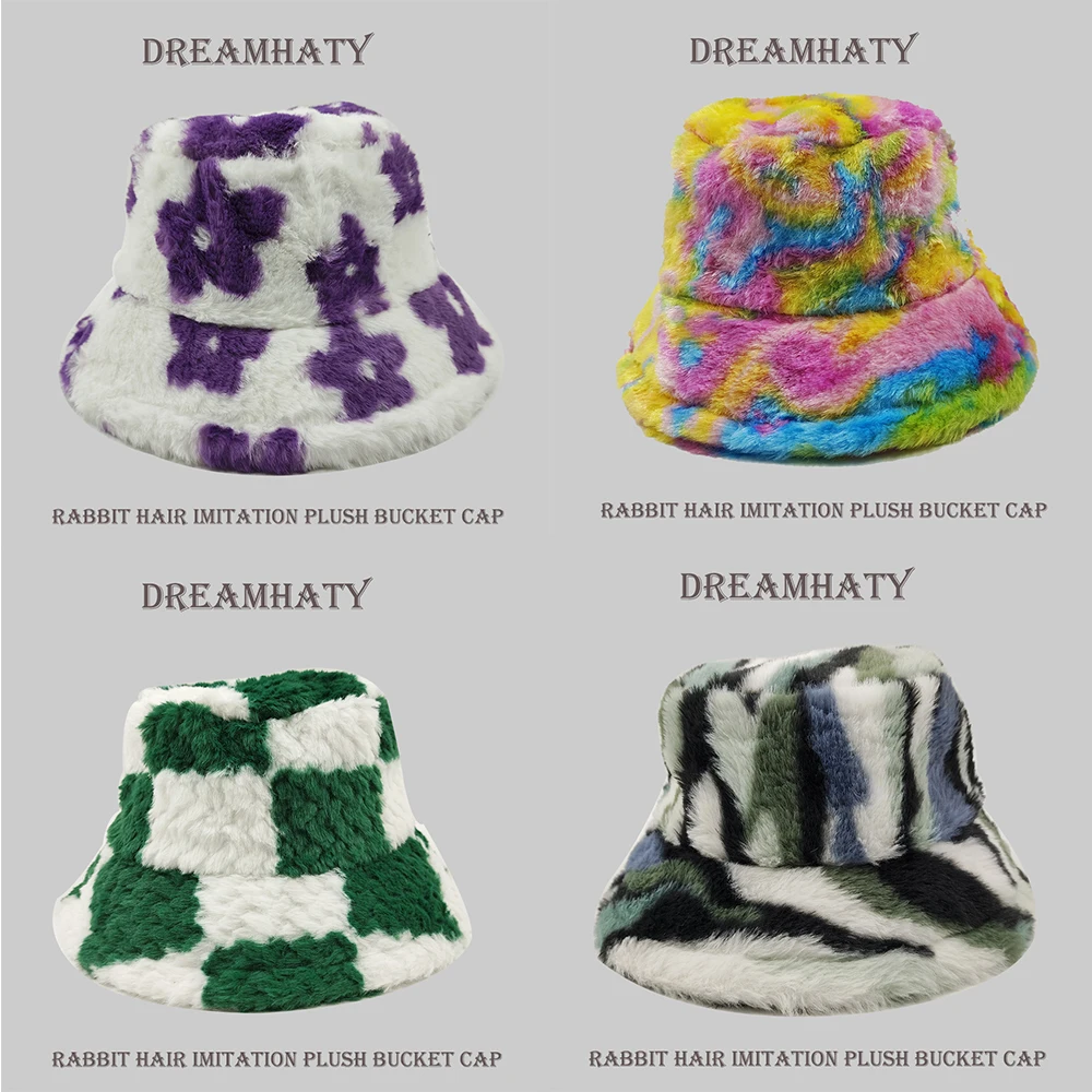 Flower Tie Dye Bucket Hat Plush Panama Women\'s Outdoor Keep Warm Autumn Winter Korean Style Fashion Ear Protection Fisherman Cap