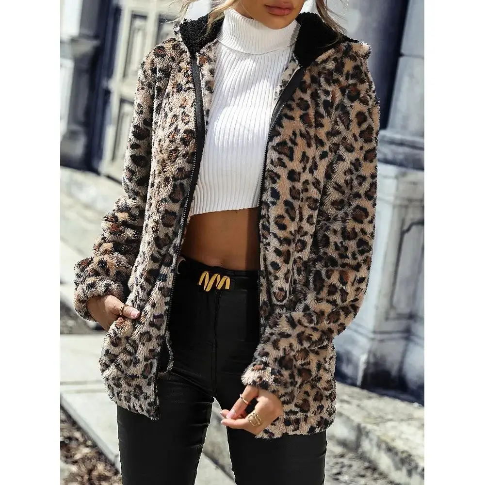 Autumn and Winter New Women\'s Fashionable Hooded Long Sleeved Leopard Print Medium Length Double-sided Plush Loose Casual Coat