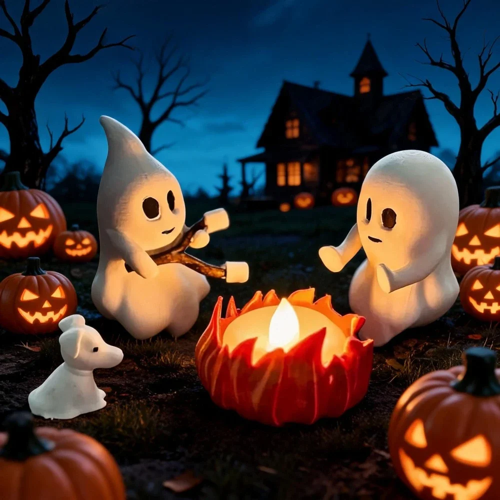 Halloween Mini Ghost Figurines Set Resin Ornament Cute Spirit Dog Cat Statue Campfire Tealight Holder Micro Landscape Decor