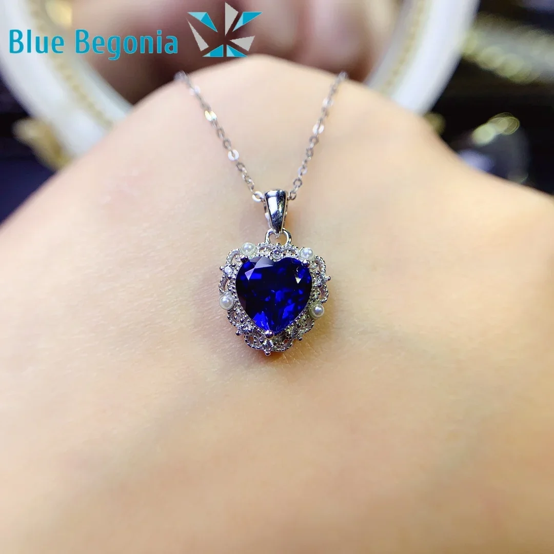 Luxury Sapphire Pendant 925 Sterling Silver Necklace for Women Gift Fine Jewellery Heart 8mm Gemstone