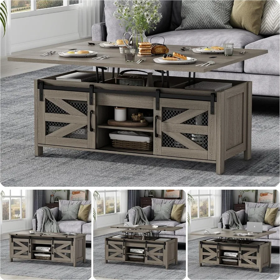 47.2 Lift Top Coffee Table 4 in 1 Farmhouse Coffee Table with Storage and Sliding Barn Doors Coffee Tables for Living Room Dini
