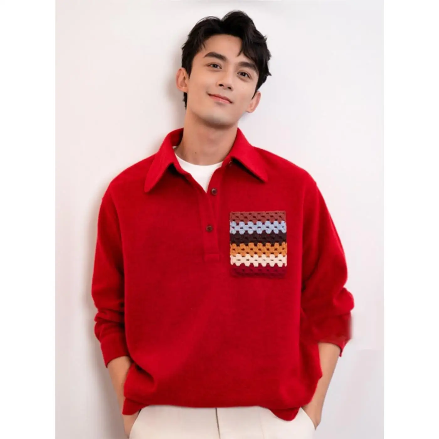 

Весенне-осенняя вязаная рубашка для мужчин, красная, модель M, с длинным рукавом, дышащая, из 100% хлопка, Ciwalk