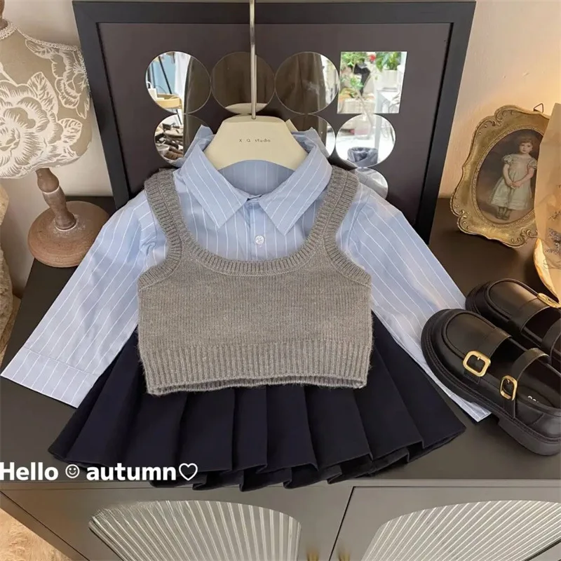 Girls Sweet Suits Spring Autumn Outfit Baby Infant Kids Children College Pleated Skirt+Sweater Vest+Shirt 3Pcs Sets