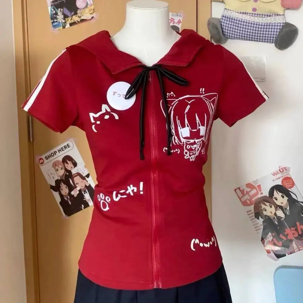 

Japanese Lovely Spice Girls Slim Waist Crop Top Fairycore Streetwear Cat Ears Print T-Shirt Punk Style Trendy Hoody Tops