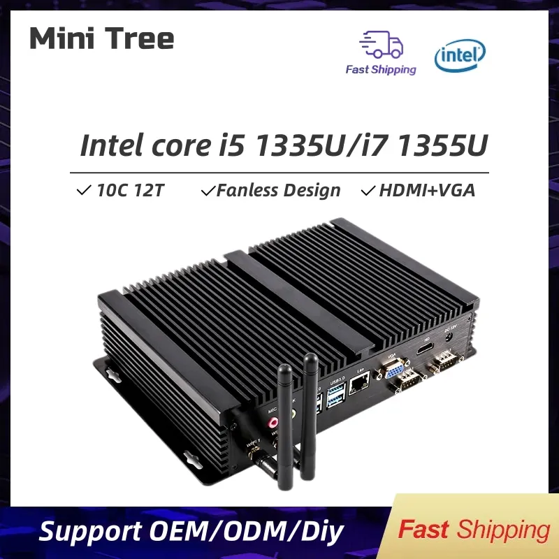 كمبيوتر صغير صناعي مدمج بدون مروحة Core i7 1355U DDR4 10core Linux Industrie كمبيوتر صغير RS232 شاشة مزدوجة كمبيوتر مكتبي مكتبي