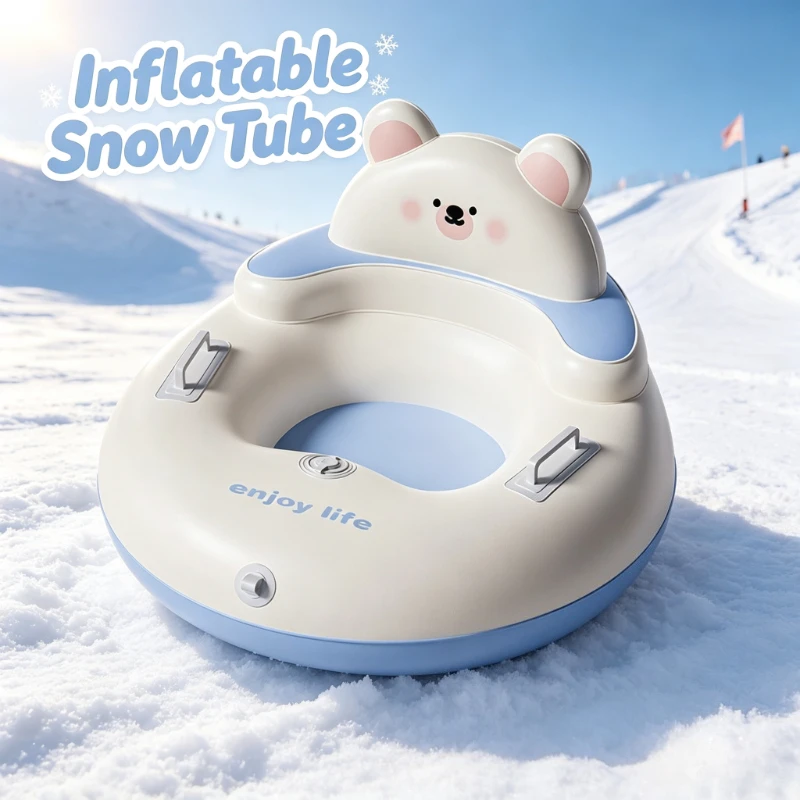 Cartoon Inflatable Snow Tube with Backrest 2 Handles Thickened PVC Snow Sled Ski Ring for Kids Winter Outdoor Sledding Sports