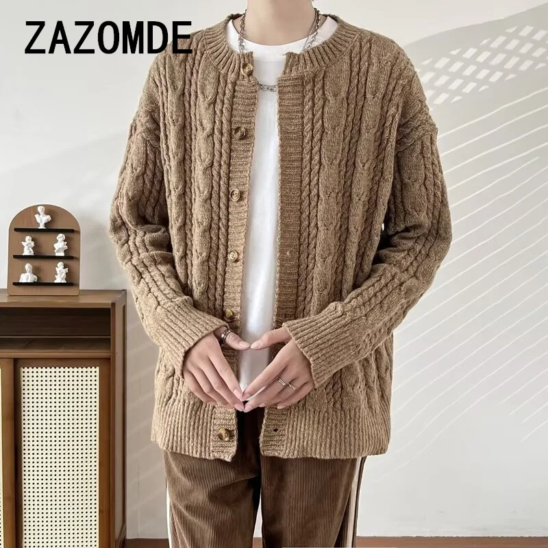 ZAZOMDE Vintage Patchwork Twist Jacquard Knit Cardigans Mens Classic V Neck Buttoned Sweater Men Casual Knitting Sweatercoats