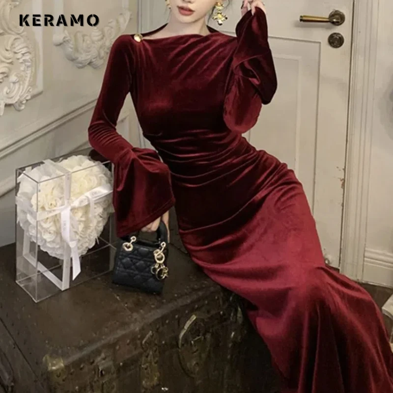 French Wine Red Gold Velvet Long Sleeved Dress for Wealthy Women and Daughters Engagement Dress with Slim Fit and Hip Hugging