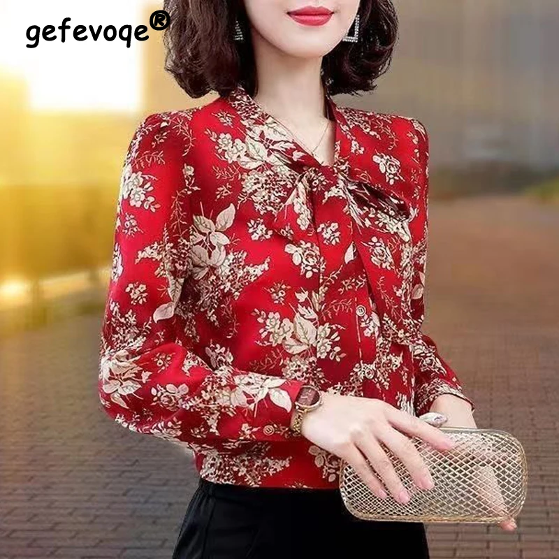 Women V Neck Bow Lace Up Elegant Button Shirts Spring Autumn Fashion Vintage Floral Print Blouses Office Lady Long Sleeve Blusa