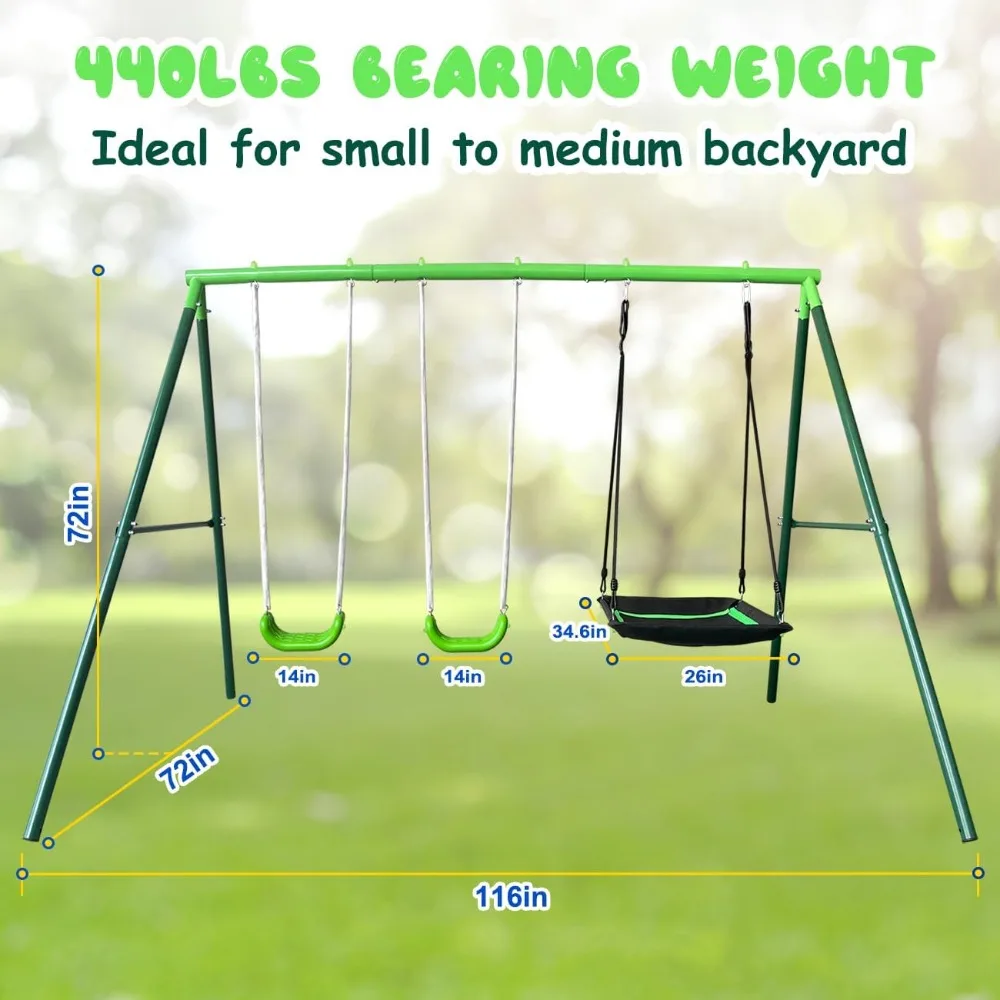 3 in 1 Swing Set for Backyard,1 Platform Swing Seat, and 2 U-Shape Seat Swing, Heavy Duty Metal Swing Stand with Anchors 550lbs